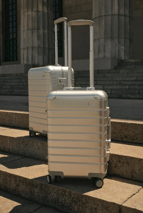 Two silver suitcases on wheels placed on stone steps.